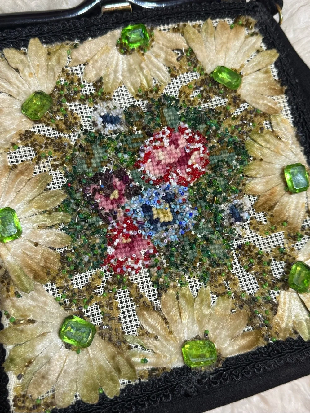 Vintage Embellished Black Floral Beaded Top-Handle Bag|Green big Rhinestones
